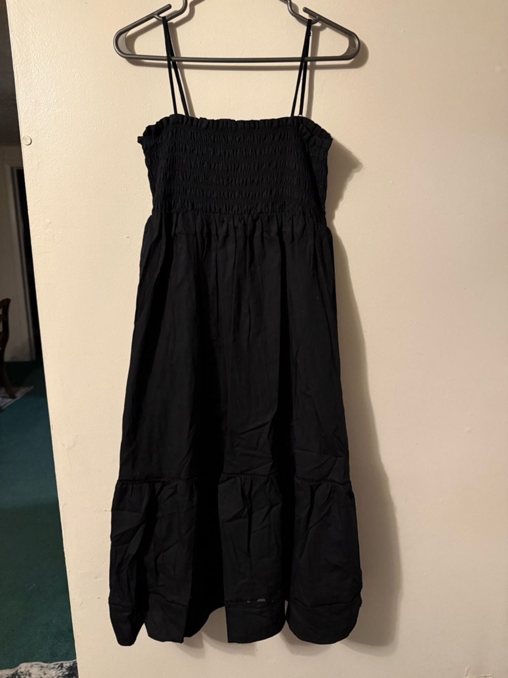 Black Smocked-Strap Midi Dress